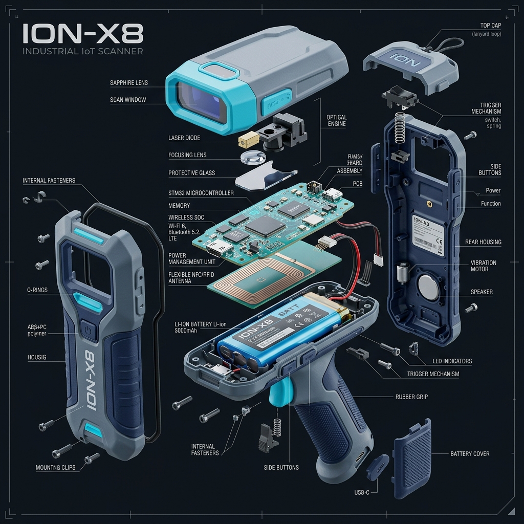 High-tech exploded view of industrial IoT handheld wand scanner